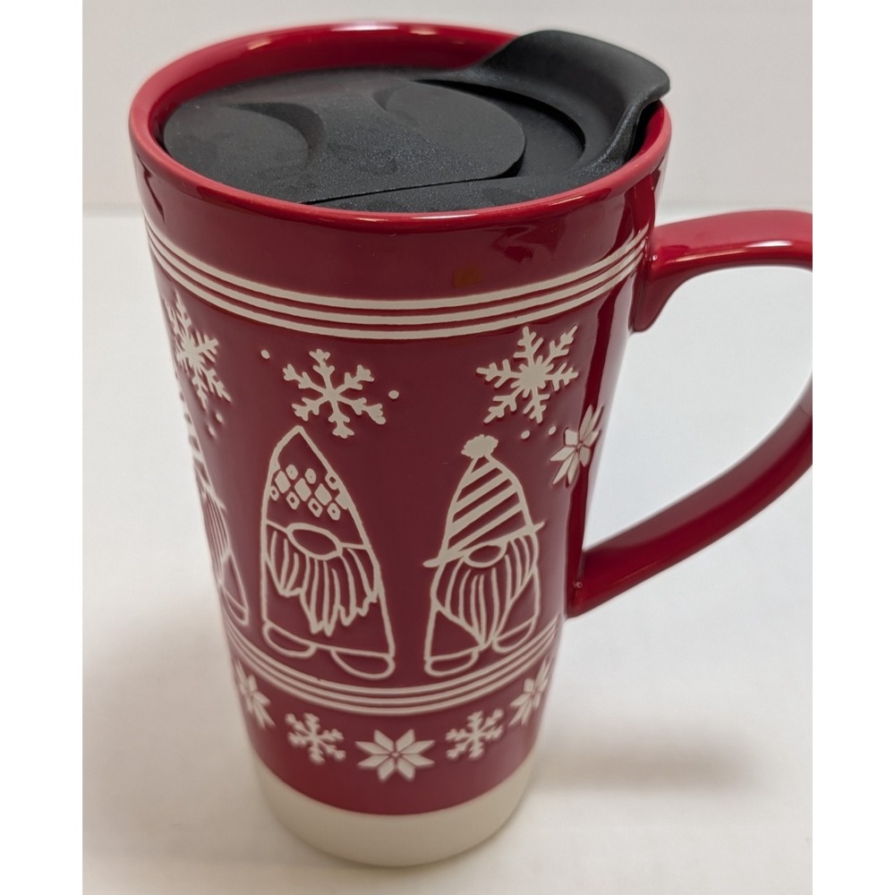 st. nicholas square Ceramic Travel Mug with Lid and Handle Winter Gnomes